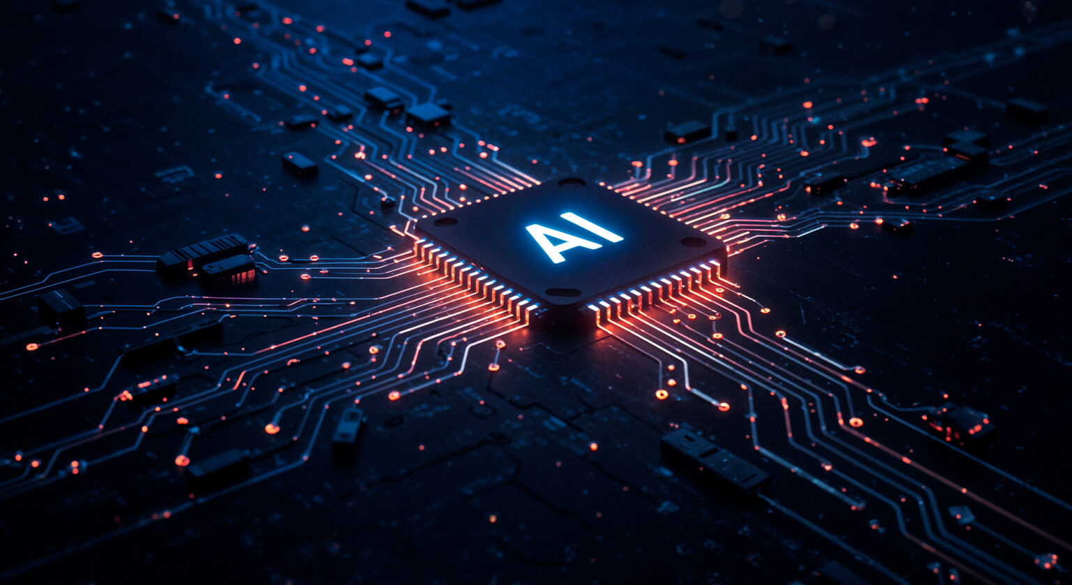 Paradoxul „intensificării”: IA nu reduce munca – o intensifică Close-up of a glowing AI microchip at the center of a dark circuit board, with blue and orange-red traces radiating outward.