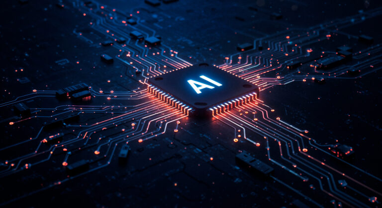 AI: Infrastructură în valoare de 388 mld. USD supusă riscurilor schimbărilor climatice Close-up of a glowing AI microchip at the center of a dark circuit board, with blue and orange-red traces radiating outward.