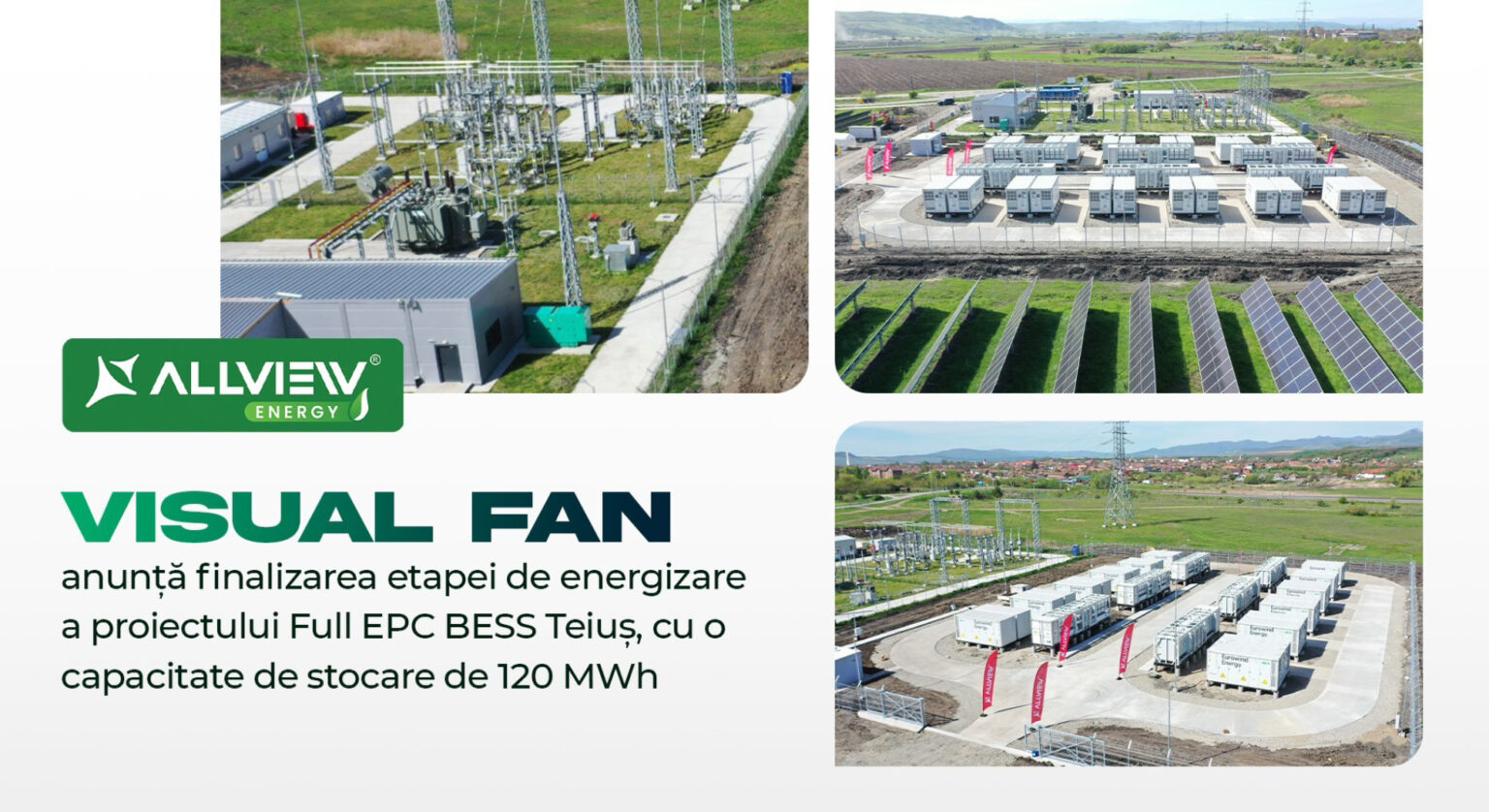 Visual Fan anunță finalizarea etapei de energizare a proiectului Full EPC BESS Teiuș, cu o capacitate de stocare de 120 MWh